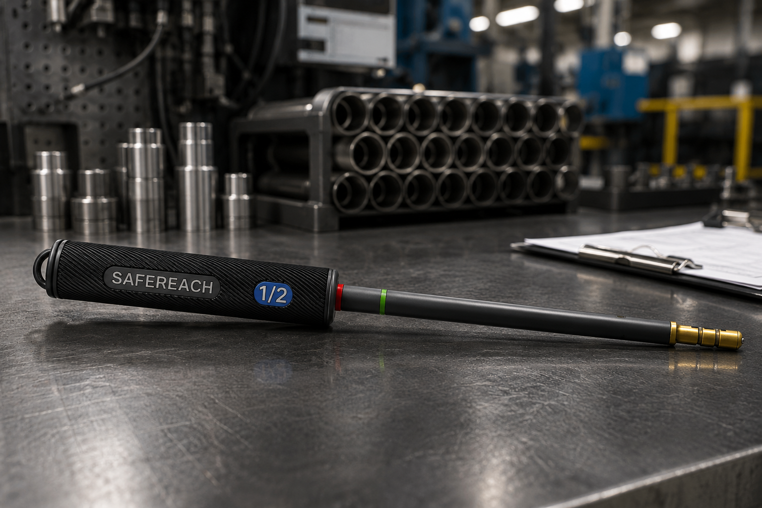 SafeReach one-half-inch tube inserter concept shown in an industrial tube-endforming workspace